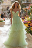 Light Green A-Line Corset Spaghetti Straps Tiered Prom Dress