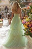 Light Green A-Line Corset Spaghetti Straps Tiered Prom Dress