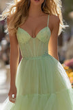 Light Green A-Line Corset Spaghetti Straps Tiered Prom Dress