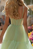 Light Green A-Line Corset Spaghetti Straps Tiered Prom Dress