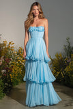 Strapless Sky Blue A-Line Ruffled Prom Dress