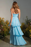 Strapless Sky Blue A-Line Ruffled Prom Dress