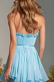 Strapless Sky Blue A-Line Ruffled Prom Dress