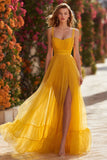 Yellow A-Line Ruched Spaghetti Straps Prom Dress With Slit