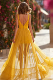 Yellow A-Line Ruched Spaghetti Straps Prom Dress With Slit