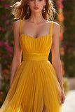 Yellow A-Line Ruched Spaghetti Straps Prom Dress With Slit