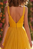 Yellow A-Line Ruched Spaghetti Straps Prom Dress With Slit