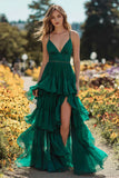 Dark Green A-Line Ruffled Maxi Prom Dress With Slit