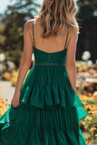 Dark Green A-Line Ruffled Maxi Prom Dress With Slit