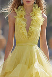 Light Yellow Halter A-Line Ruffle Maxi Prom Dress
