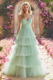 Mint Green A-Line Tiered Maxi Prom Dress With Ruffles