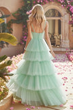Mint Green A-Line Tiered Maxi Prom Dress With Ruffles