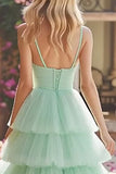 Mint Green A-Line Tiered Maxi Prom Dress With Ruffles