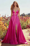 Fuchsia Satin A-Line Spaghetti Straps Prom Dress With Slit