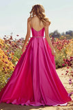 Fuchsia Satin A-Line Spaghetti Straps Prom Dress With Slit