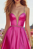 Fuchsia Satin A-Line Spaghetti Straps Prom Dress With Slit