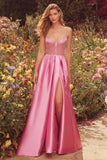 Pink A-Line Spaghetti Straps Beaded Prom Dress With Slit