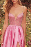 Pink A-Line Spaghetti Straps Beaded Prom Dress With Slit