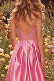 Pink A-Line Spaghetti Straps Beaded Prom Dress With Slit