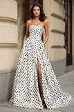 White Black Dot Strapless A-Line Prom Dress With Slit