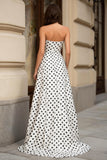 White Black Dot Strapless A-Line Prom Dress With Slit