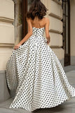 White Black Dot Strapless A-Line Prom Dress With Slit