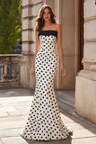 Strapless White Black Dot Mermaid Maxi Prom Dress