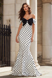 Off The Shoulder White Black Dot Mermaid Prom Dress With Bow