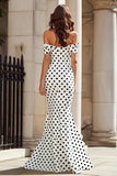 Off The Shoulder White Black Dot Mermaid Prom Dress With Bow