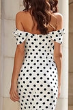 Off The Shoulder White Black Dot Mermaid Prom Dress With Bow