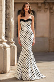 White Black Dot Mermaid Strapless Maxi Prom Dress