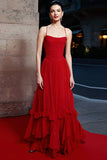 Red Spaghetti Straps A-Line Maxi Gala Dress With Ruffles
