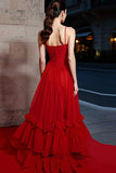 Red Spaghetti Straps A-Line Maxi Gala Dress With Ruffles