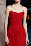 Red Spaghetti Straps A-Line Maxi Gala Dress With Ruffles