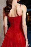 Red Spaghetti Straps A-Line Maxi Gala Dress With Ruffles