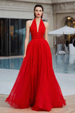 Halter A-Line Ruched Red Maxi Gala Dress