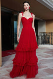 Red A-Line Ruffled Spaghetti Straps Maxi Gala Dress