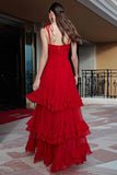 Red A-Line Ruffled Spaghetti Straps Maxi Gala Dress