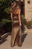 Mermaid Brown Leopard Spaghetti Straps Prom Dress With Slit