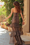Strapless Brown Leopard Ruffled Prom Dress With Slit