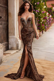 Brown Leopard Beaded Sweetheart Mermaid Prom Dress With Slit