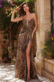 Strapless Mermaid Brown Leopard Prom Dress With Slit