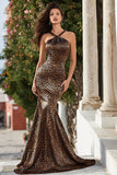 Halter Mermaid Brown Leopard Print Maxi Prom Dress