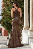 Halter Mermaid Brown Leopard Print Maxi Prom Dress