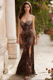 Brown Leopard Sweetheart Beaded Mermaid Prom Dress With Slit