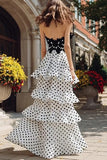 White Black Dots Strapless Ruffled A-Line Prom Dress With Slit