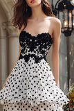 White Black Dots Strapless Ruffled A-Line Prom Dress With Slit