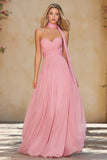 Pink Sweetheart A-Line Ruched Prom Dress With Sash