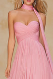 Pink Sweetheart A-Line Ruched Prom Dress With Sash