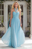 Sky Blue Halter A-Line Ruched Maxi Prom Dress
